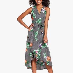 Who What Wear Ruffled Floral Print Striped Black and White Women's Dress